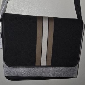 Coach Black Messenger Bag with Brown & Cream Center Stripes